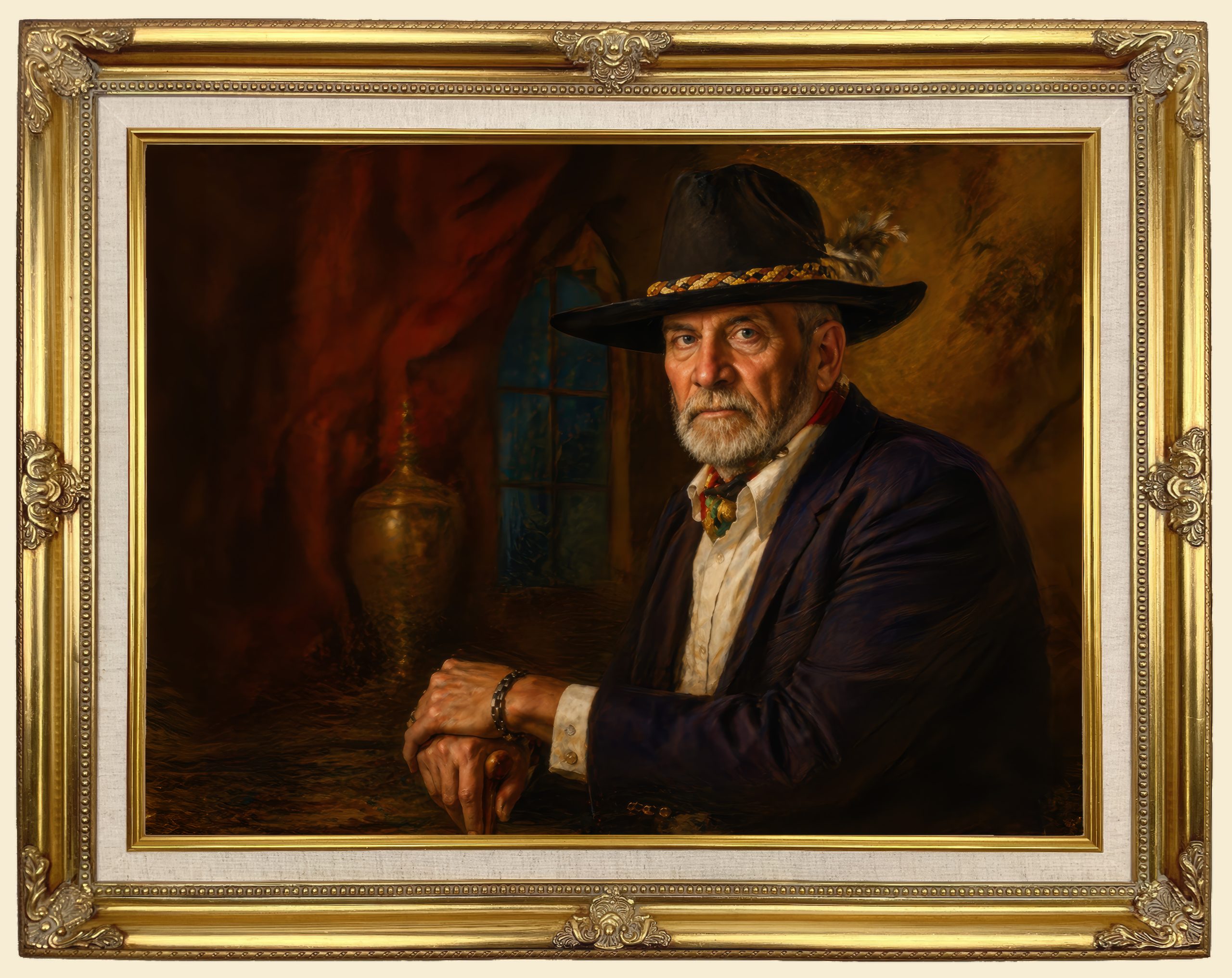 *A finished Stonebridge Heritage portrait — oil on artboard in a gilt frame*.